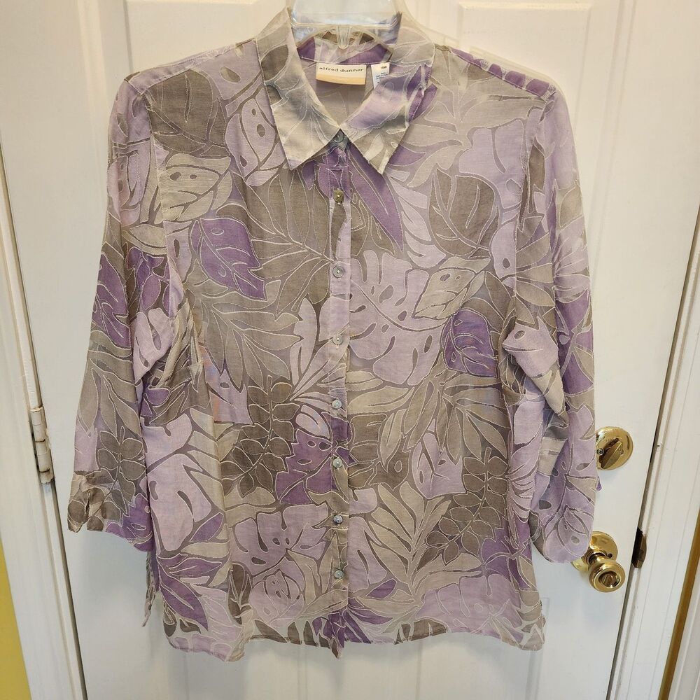 Vintage Alfred Dunner Sheer Monstera Leaf Button-Up Blouse Purple 18W